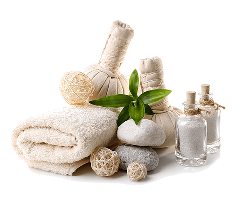 Massage oils, stones, and flowers